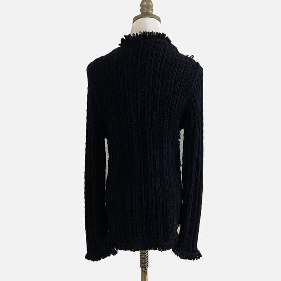 LINI Black Boucle Knit Cardigan Silk Blend Size Small Open Front Pockets Fringe - Picture 5 of 10